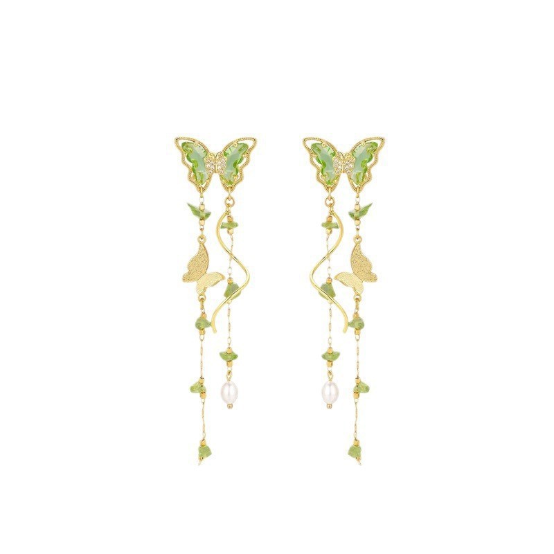Super fairy-like green zirconium butterfly tassel earrings, sweet and long pearl stud earrings for women, unique and elegant earrings Item Picture
