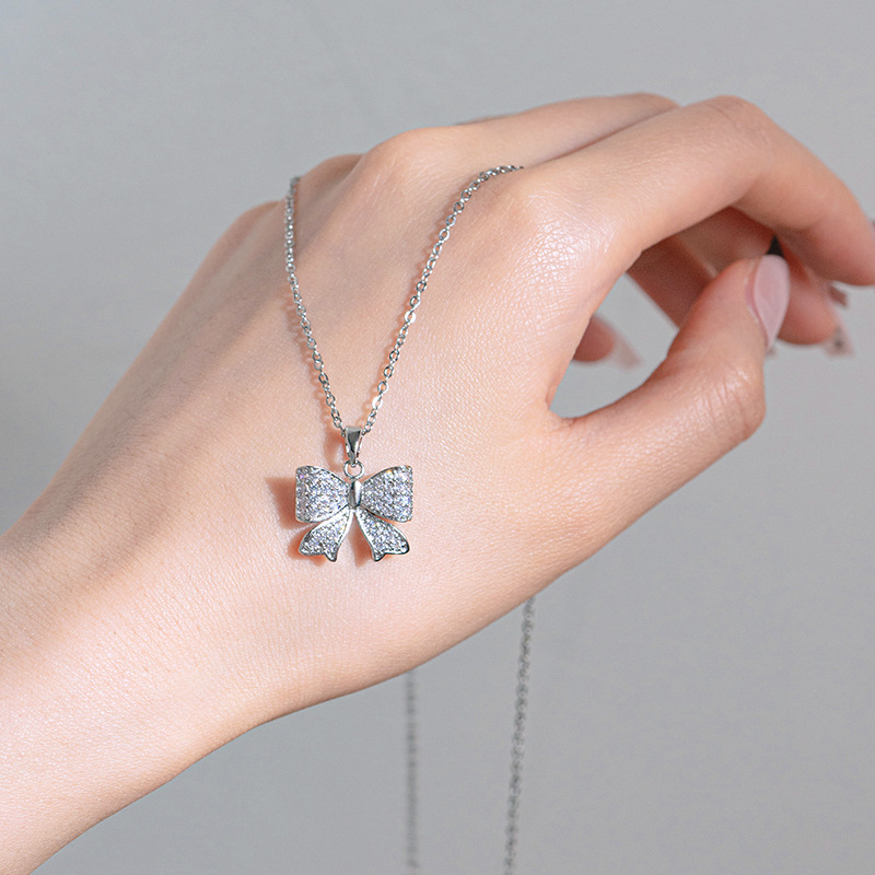 Korean style, elegant and high-end, silver full diamond bow necklace, women's fashion, versatile, Internet celebrity collarbone chain accessory wholesale Specification drawing