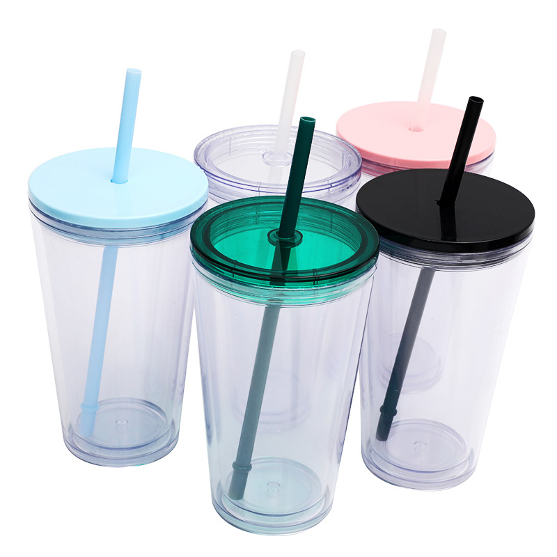 Factory direct supply, processing and customization of 16oz double-layer plastic straw cups, frameless, creative, portable and logo-ready cups full figure
