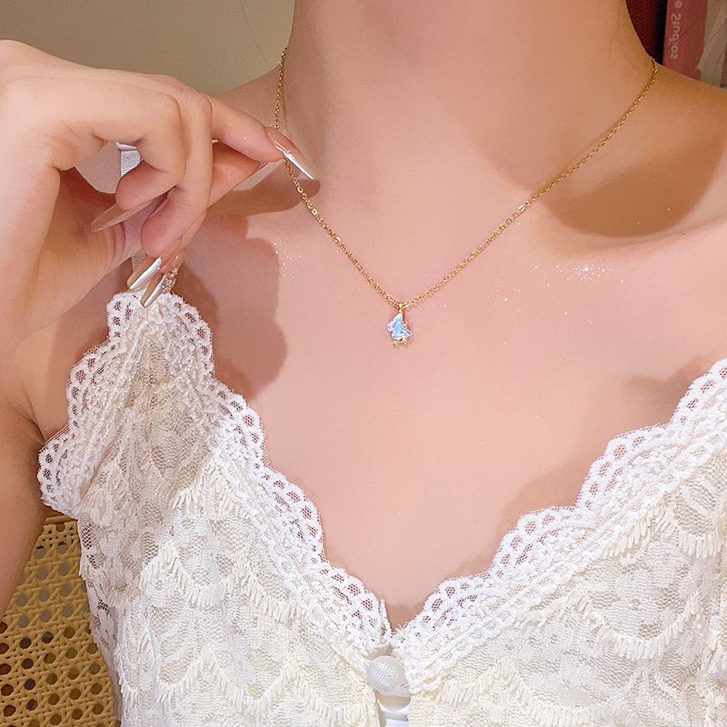 A sea blue butterfly pendant titanium steel necklace for women, with a light luxury, niche and high-end feel, a small star collarbone chain necklace accessory details Picture