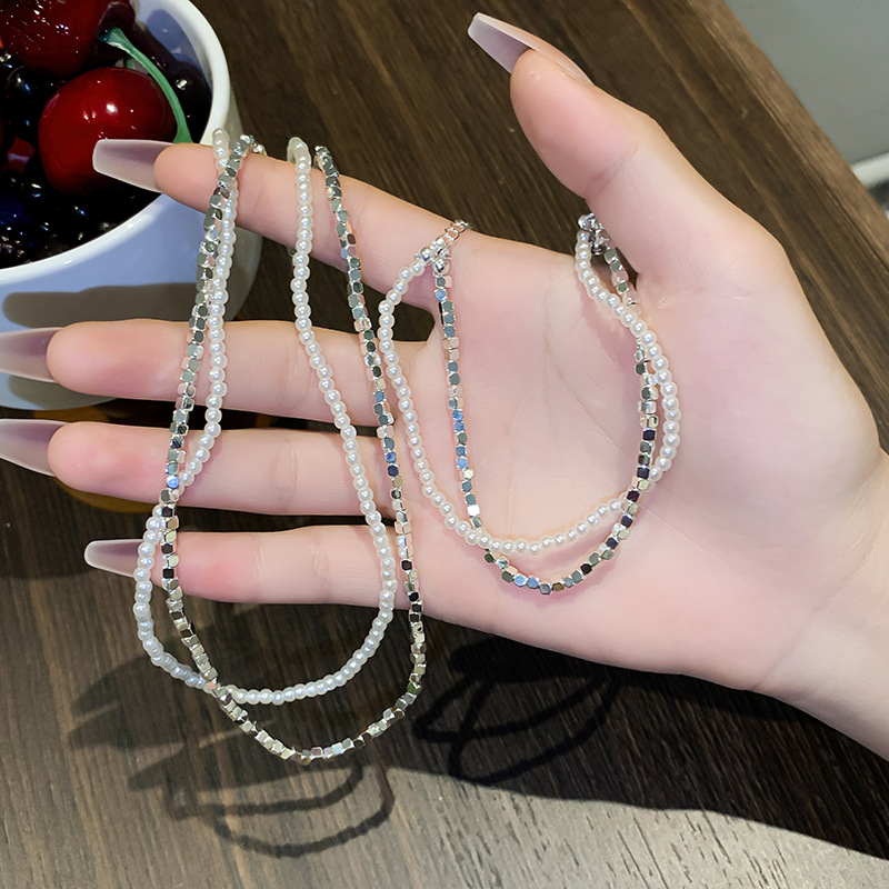 Korean-style niche design sense silver silver double-layer pearl necklace bracelet set, elegant and luxurious, versatile accessories wholesale full figure