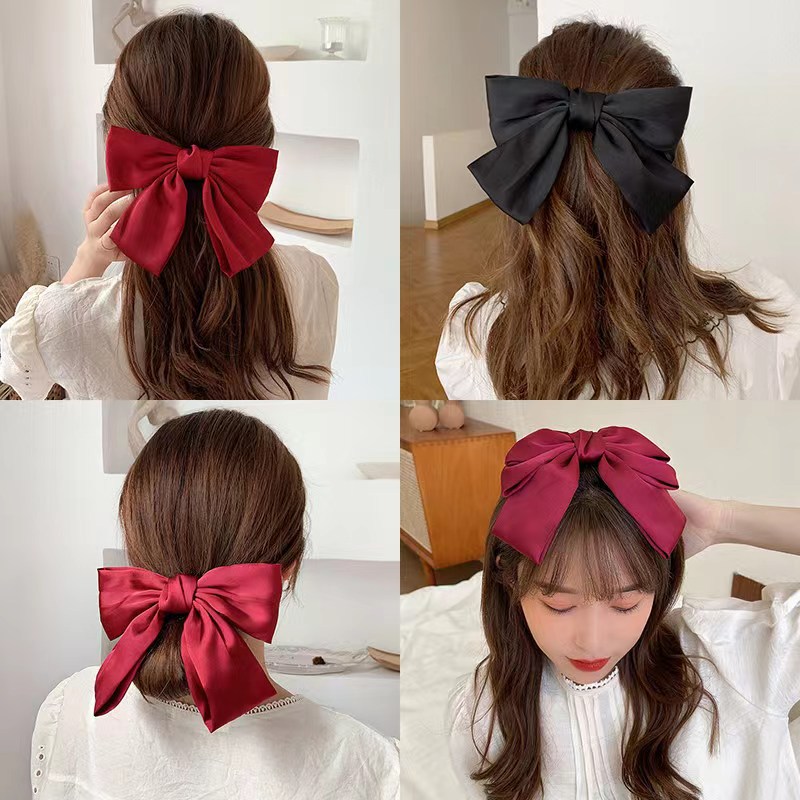 French Chic retro satin large bow hair clip, top clip, back clip, Japanese and Korean Internet celebrity hair clip, hair accessory for women full figure