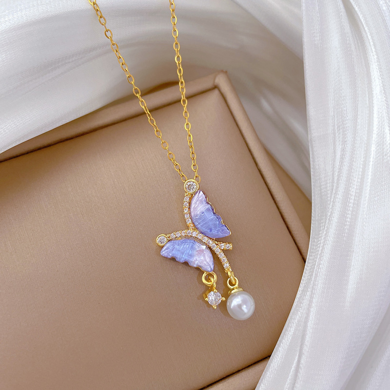【 Titanium Steel 】 Blue butterfly pearl full diamond light luxury and elegant, full diamond necklace, versatile for women, collarbone chain, titanium steel Specification drawing