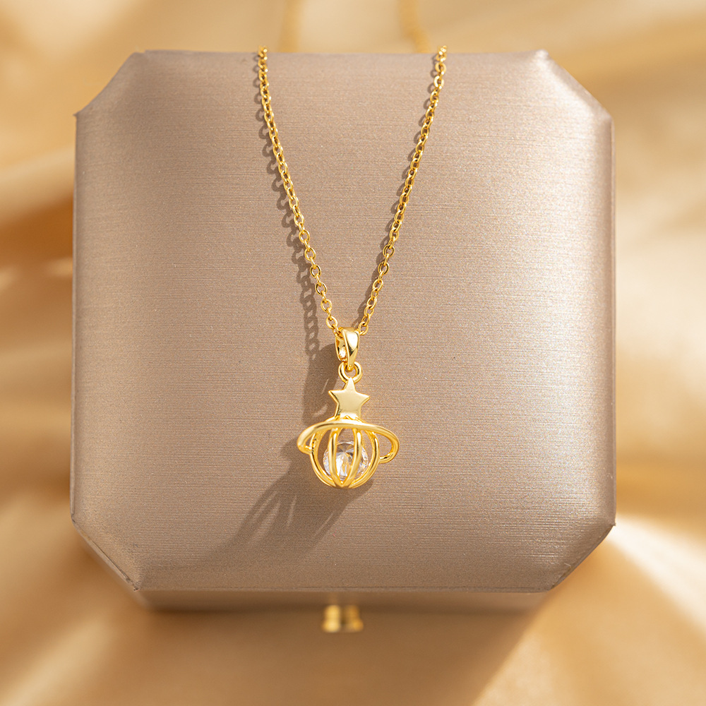 A light luxury style hollowed-out small planet pendant titanium steel necklace for women, simple and versatile fashion collarbone chain, a trendy and elegant neckchain full figure