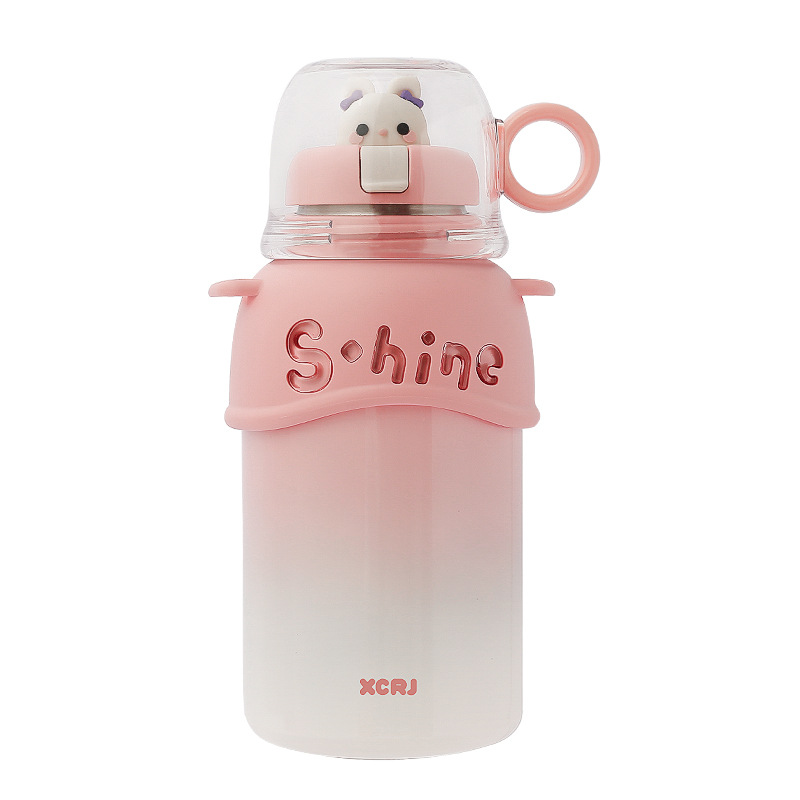 Little Tea Diary, a three-drink insulated cup, children's cartoon water cup, Portable double-drink baby stainless steel straw cup Item Picture