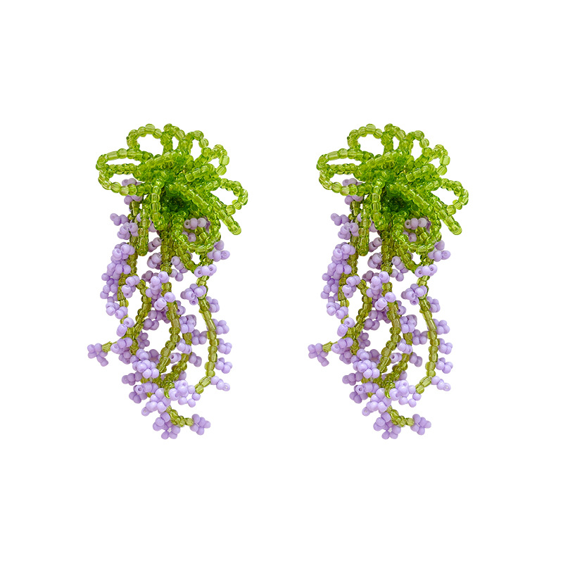 Summer outing green beaded flower tassel earrings, high-end vacation-style earrings for women, exaggerated and stunning stud earrings Item Picture