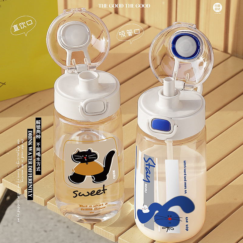 Ins-style fashionable water cups with high appearance standards, couple and student straw cups, special double-drinking, anti-drop portable space cups for school details Picture