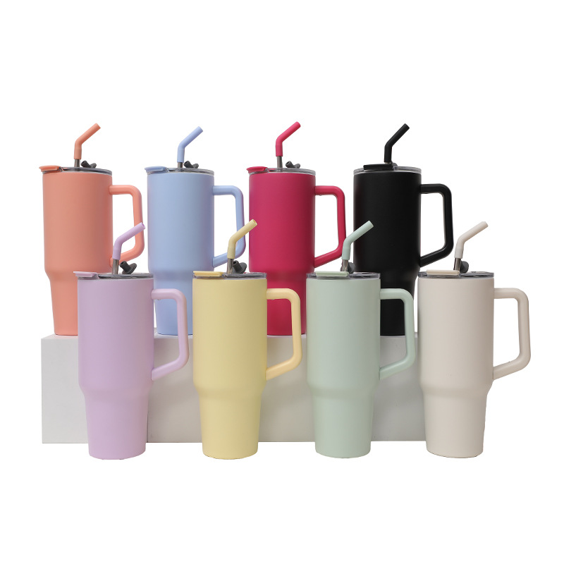 Cross-border Amazon stainless steel handle car cup, double-drinking large-capacity straw cup, home solid-color light luxury insulated cup details Picture