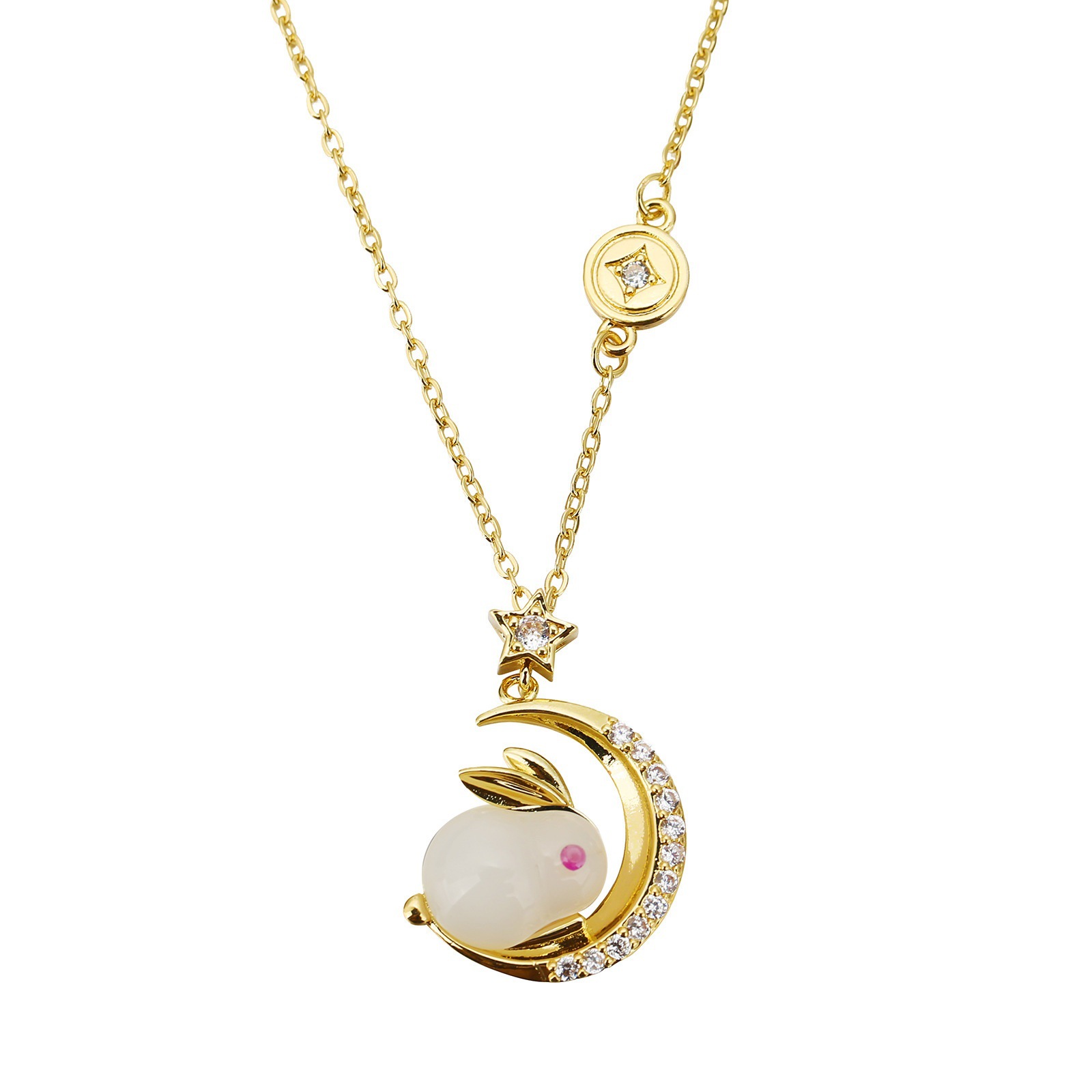 New light luxury copper micro-inlaid zircon necklace for women, fashionable moon rabbit butterfly pendant, elegant and versatile collarbone chain accessory Item Picture