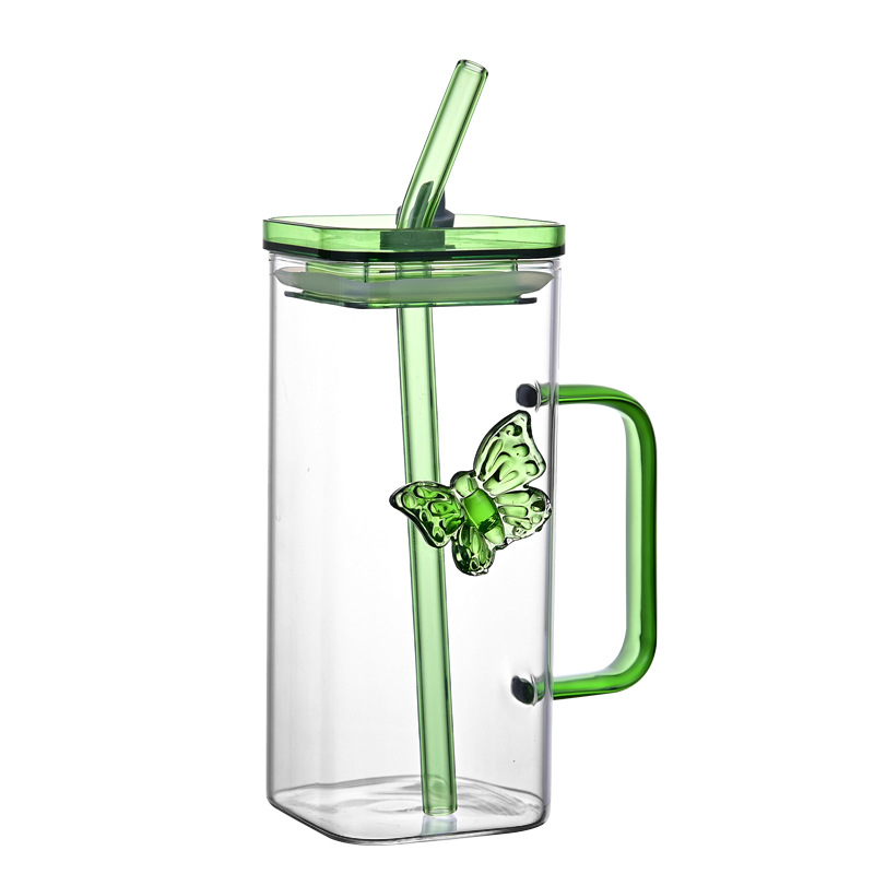 Popular square glass multi-color butterfly cup with handle, household with lid, high appearance level, straight use straw, dual-purpose cup, high boron Item Picture