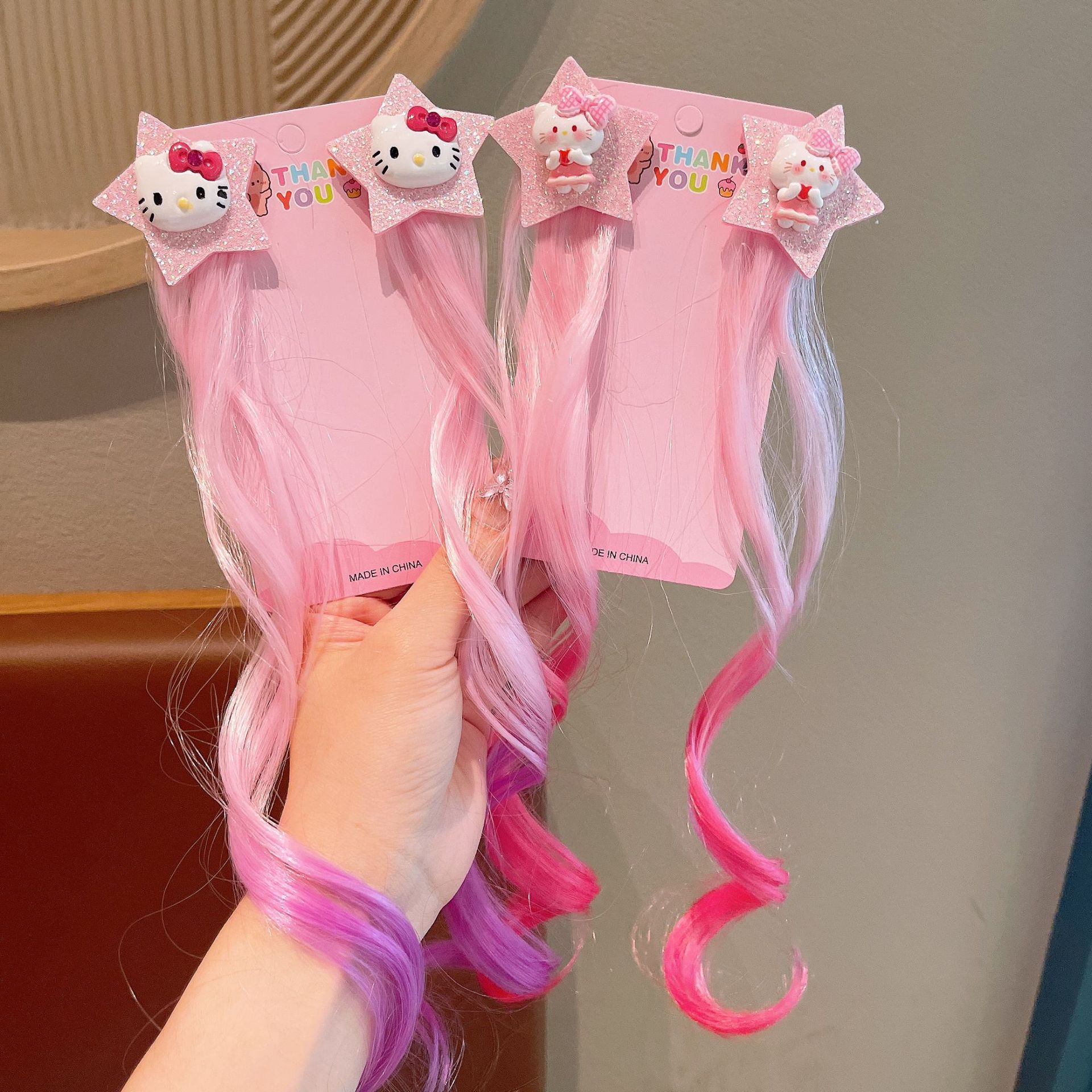 New children's hellokitty wig braids, cute cartoon five-pointed star highlighted hair clips, girls' performance hair accessories Specification drawing