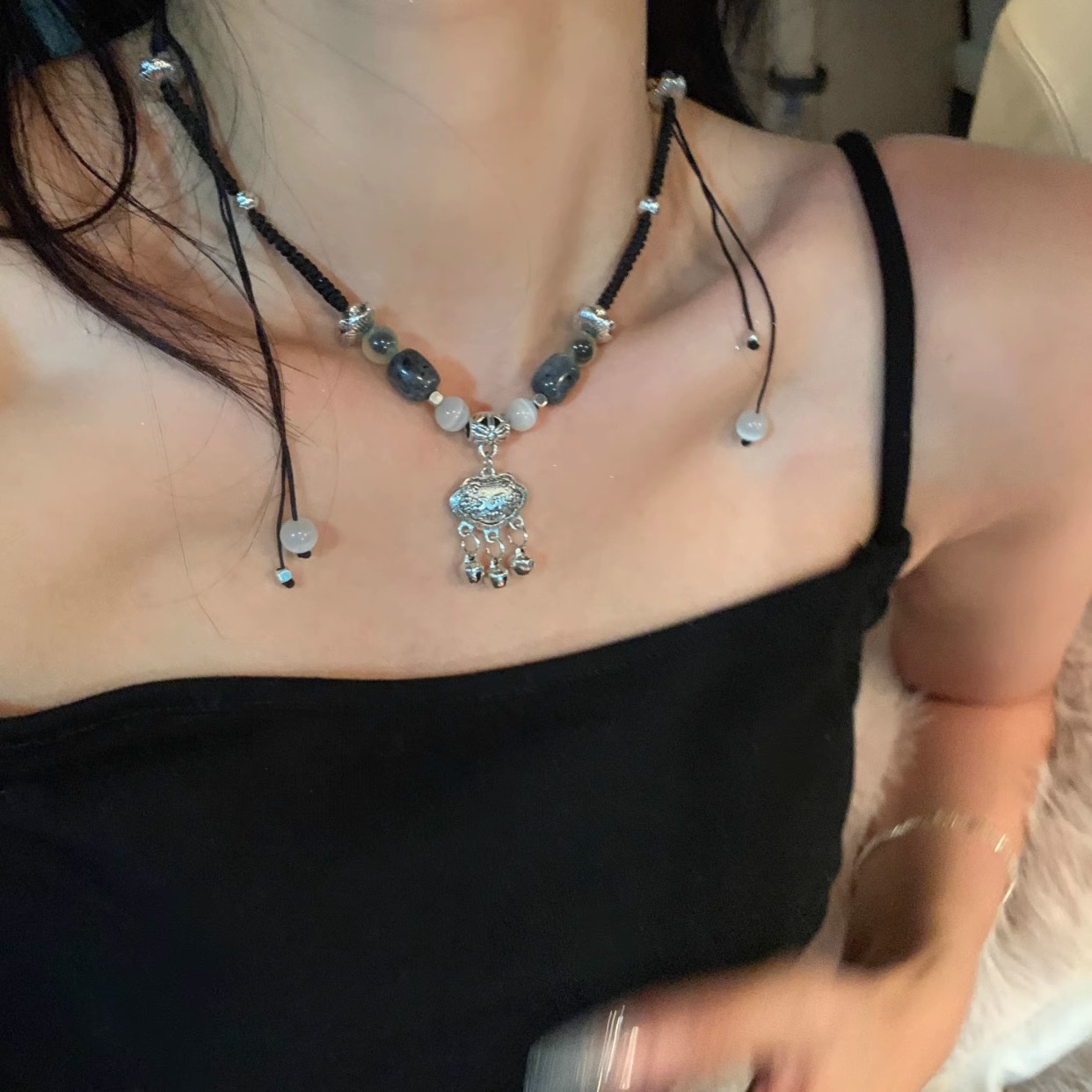 Hand-woven peace lock necklace for women, with a unique design sense that makes a sound with each step, a light luxury Chinese-style drawstring hoodie chain for women full figure