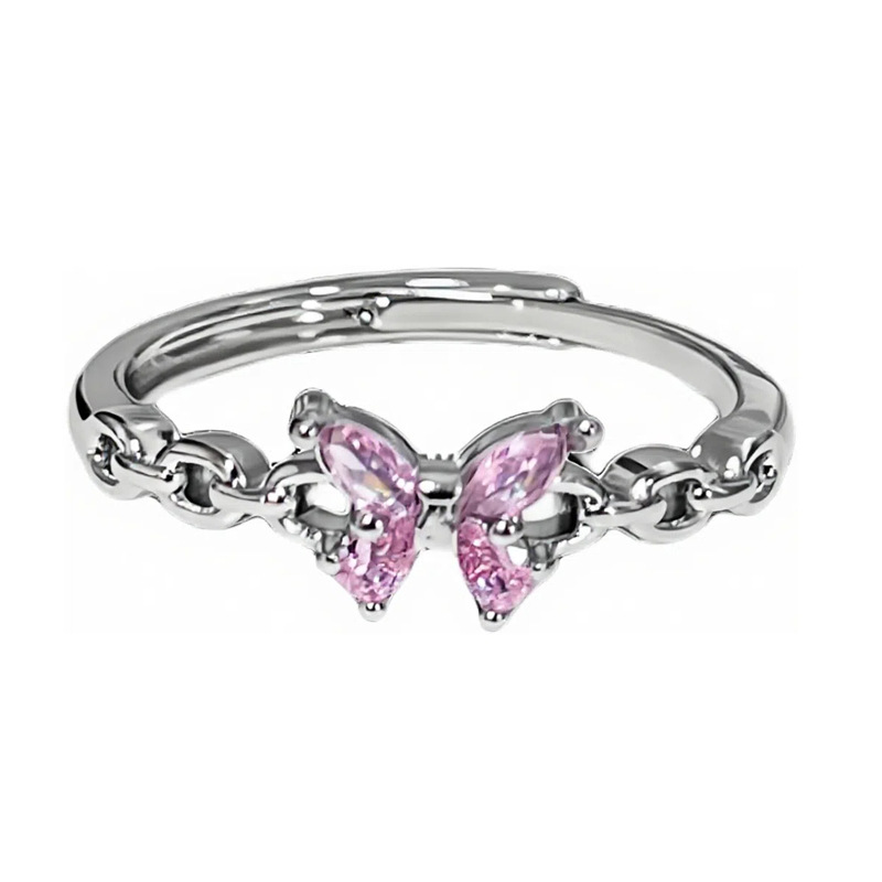 A sweet Japanese girl's pink diamond butterfly four-leaf clover full diamond open ring. A woman's exquisite layering of simple and light luxury rings Item Picture