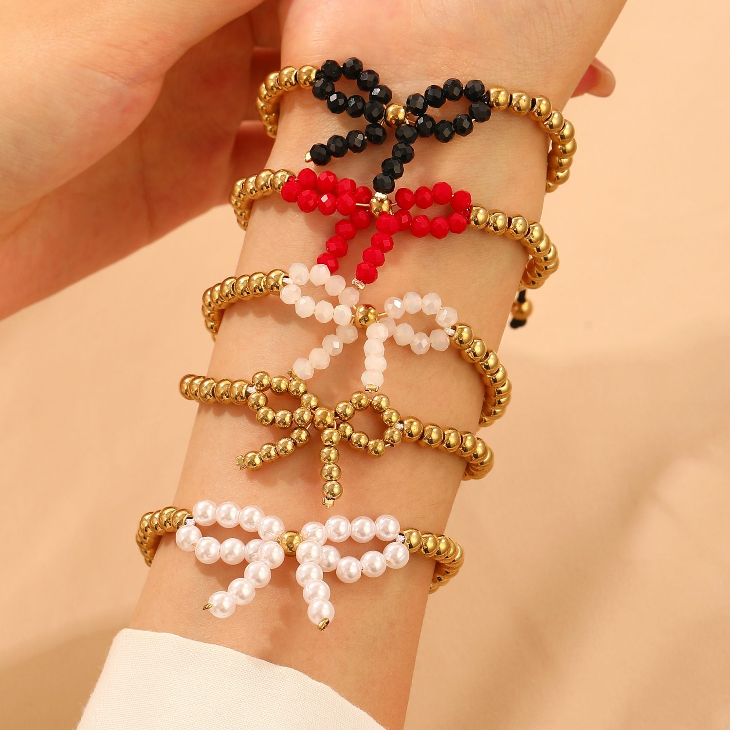 Cross-border ins sweet beaded bow stud bracelet necklace three-piece set, fashionable and elegant jewelry set for women Specification drawing