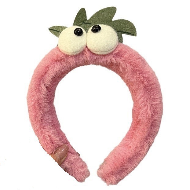 Fluffy eye headband, cute cartoon pink strawberry hairpin, energetic girl high head headband, hair tie and hair accessory Item Picture