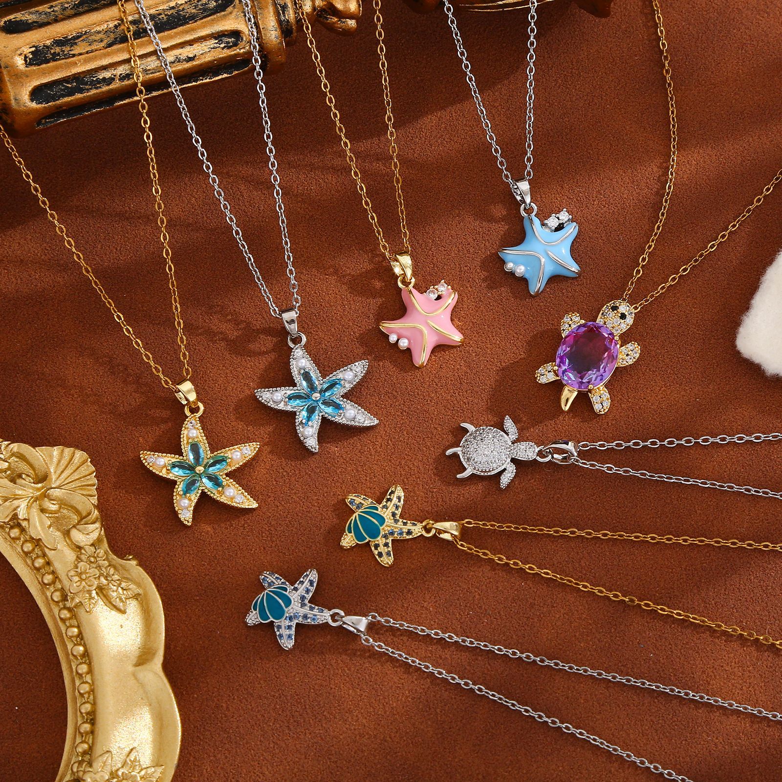 Cross-border best-selling summer beach-style stainless steel necklace, copper micro-inlay shell starfish necklace, ocean vacation collarbone chain full figure