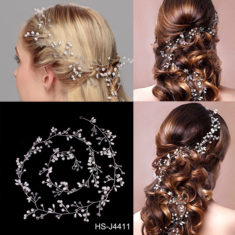 European and American bride headwear, long handcrafted headband, simple and elegant, crystal pearl bride headband, cross-border wedding accessories full figure