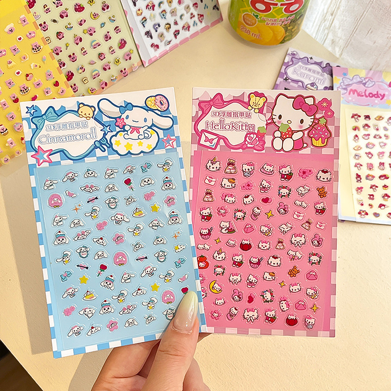 3D embossed cute children's cartoon Sanrio nail stickers, girls' waterproof nail art patches, self-adhesive decorative stickers Application Scenario