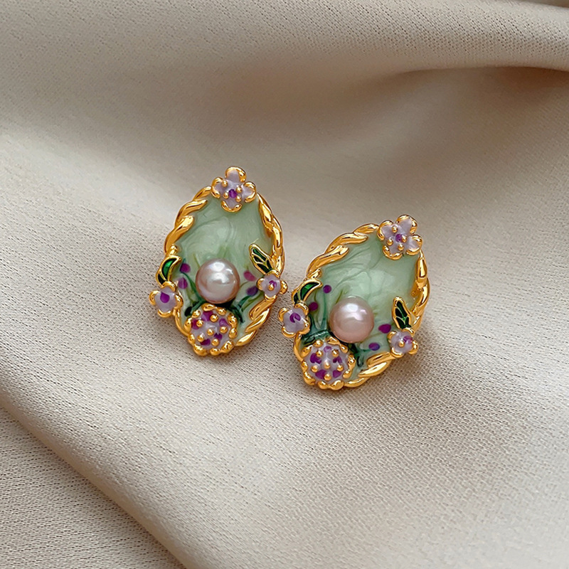 Monet Garden Pearl Earrings, women's colored glazed oil painting flower stud earrings, Baroque retro style pearl earrings full figure