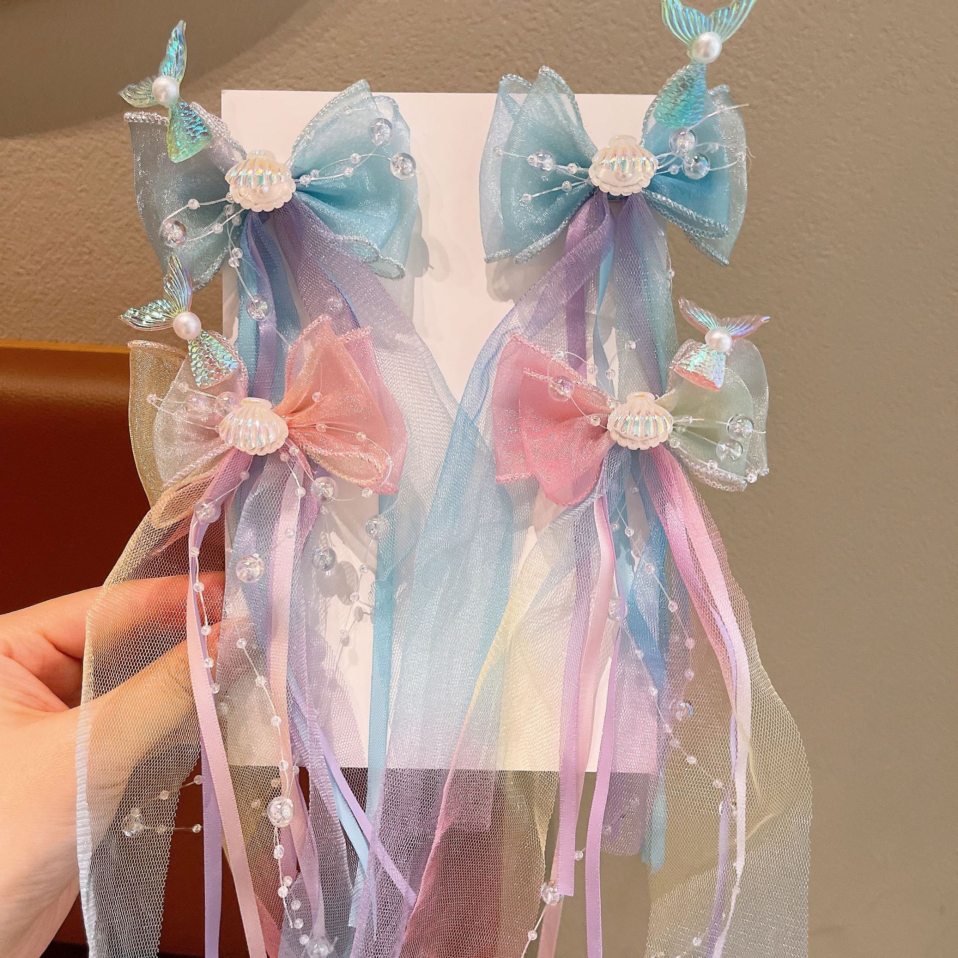 Children's shell fish tail clip, little girl's super fairy-like bow ribbon braided hair clip, Elsa Princess Mermaid headwear full figure