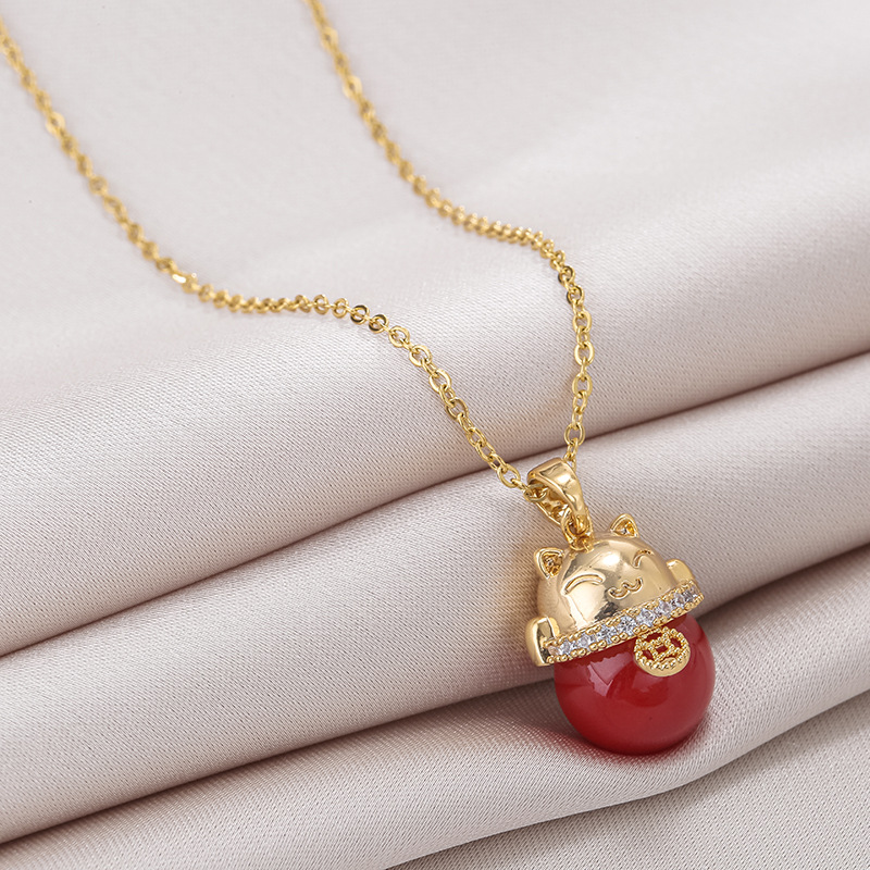 New pearl cat titanium steel necklace for women, with a unique design sense and versatile collarbone chain. Wholesale of elegant and light luxury style accessories Specification drawing