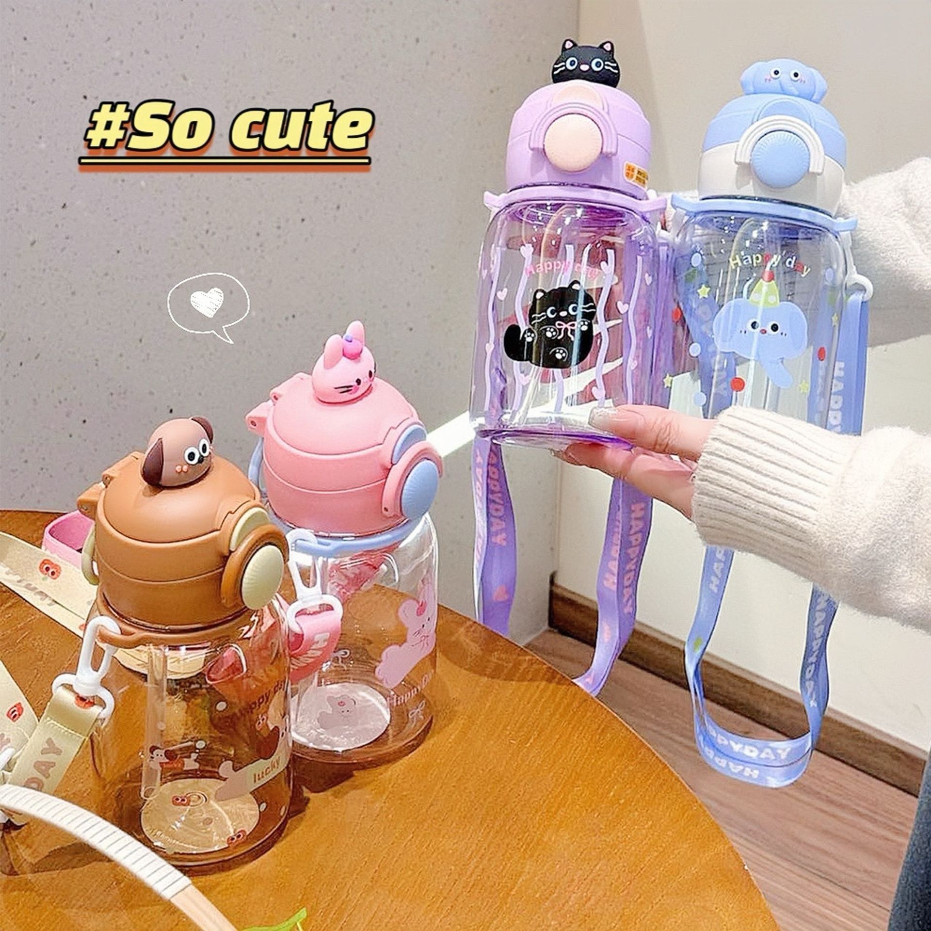 New cute children's plastic cups, adorable cartoon dolls, double-drinking straw cups, portable and anti-drop student slanting water cups details Picture