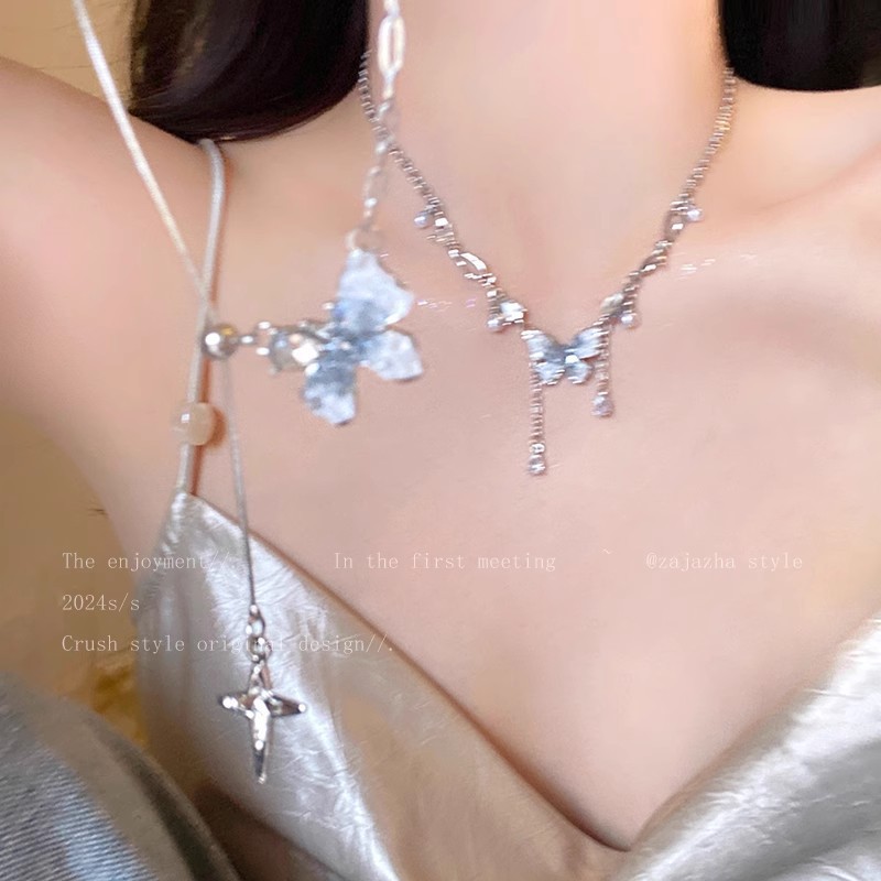 Ice crystal gradient pearl butterfly tassel necklace, a summer bestseller for women, with a high-end collarbone chain and a sweet and cool style neckchain accessory Specification drawing