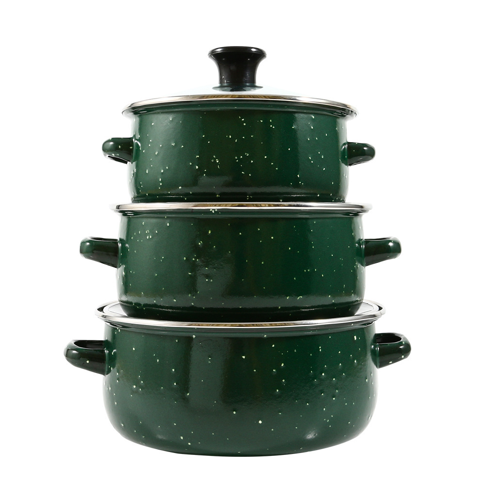Three-piece set of enamel double-ear soup pot, black enamel with dots, European and American export enamel retro cooking pot, one piece sent Item Picture