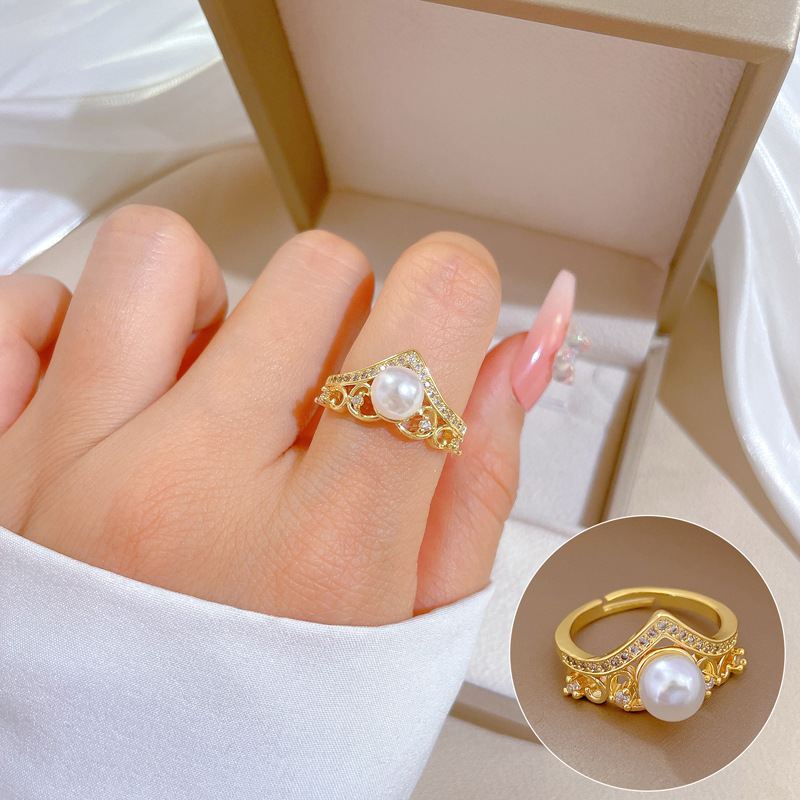【 Real Gold 】 Crown pearl perforated ring with adjustable opening, simple jewelry, Japanese-style ring couple rings full figure