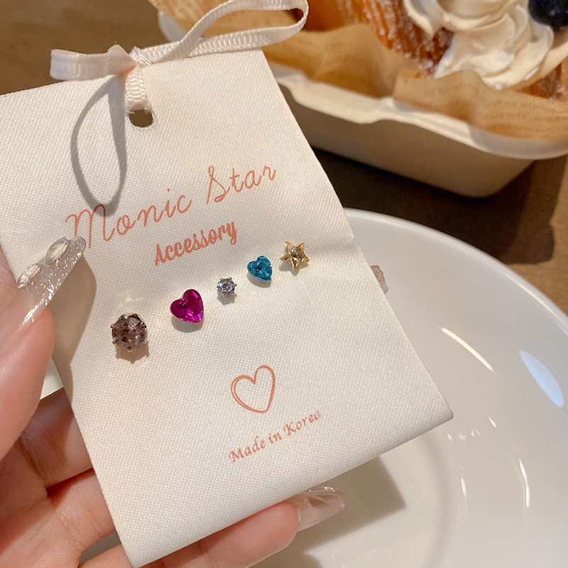 Sparkling diamond, colored zircon stud earrings, women's light luxury, niche and high-end earrings, sweet and small set, best-selling earrings wholesale Specification drawing