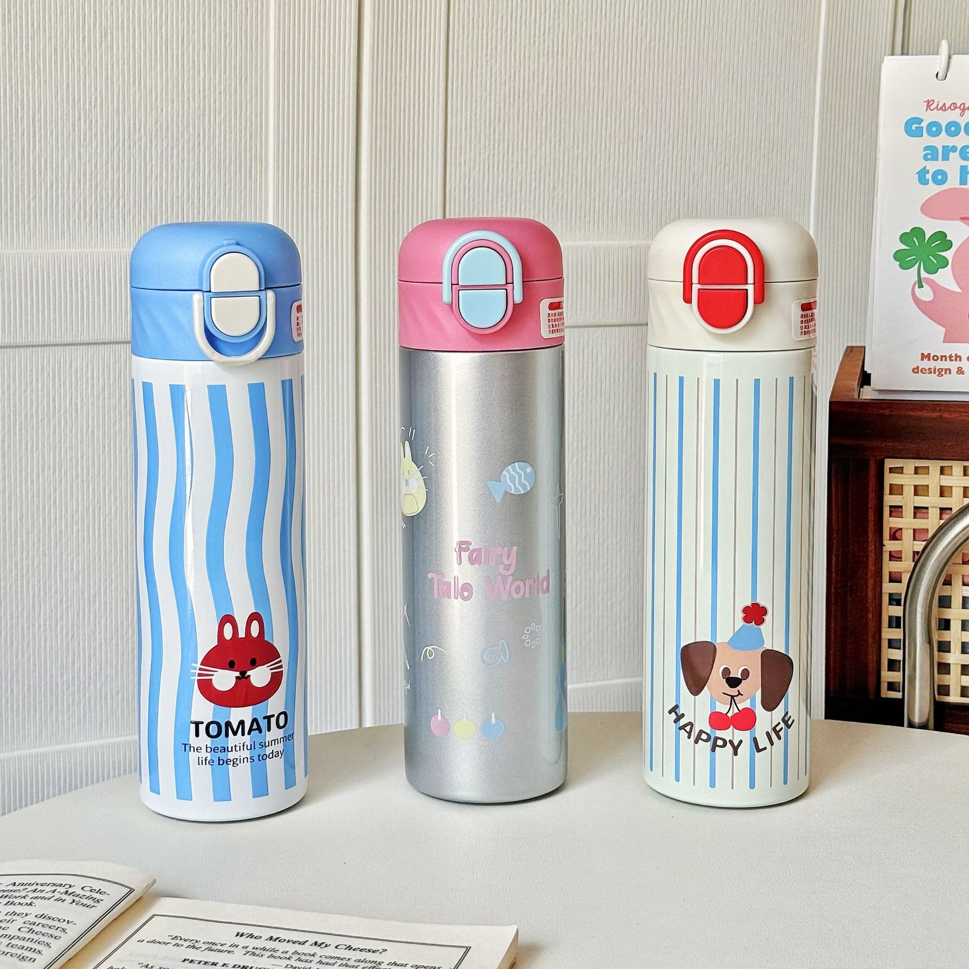 Cartoon cute insulated cup, light luxury and high-end water cup, outdoor portable double-drinking cup for boys and girls, straw cup for primary school students full figure