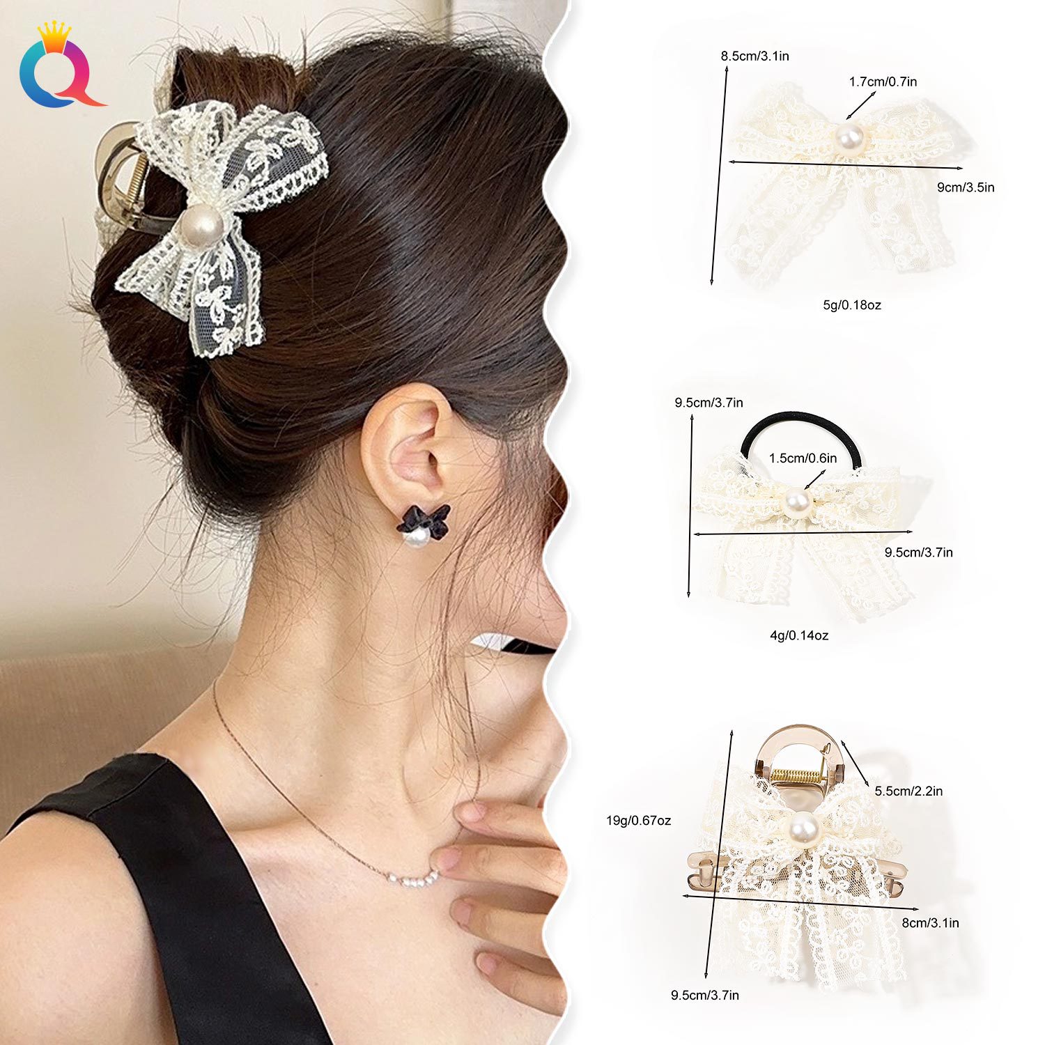 Wholesale of Qiyue lace pearl Bow clip, small fragrance style hair clip, sweet and ethereal hair rope, hair accessory and headwear details Picture
