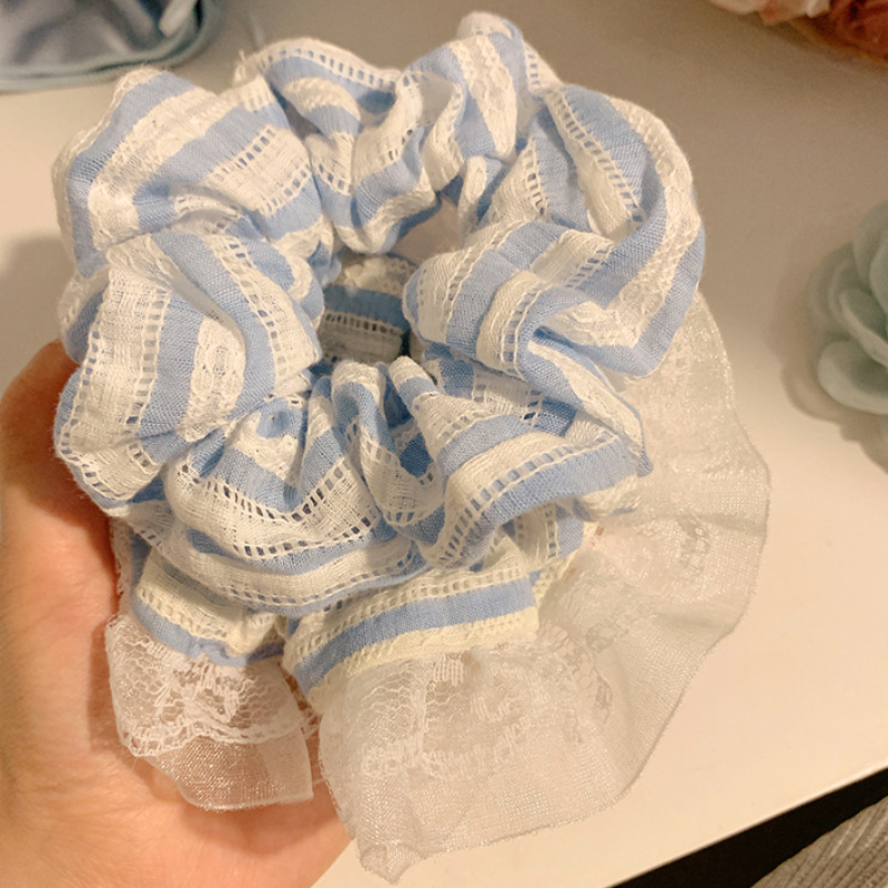 Lace, striped large intestine circle, chic blue hair tie, bun hair tie, hair band, ponytail, leather band hair accessory Application Scenario