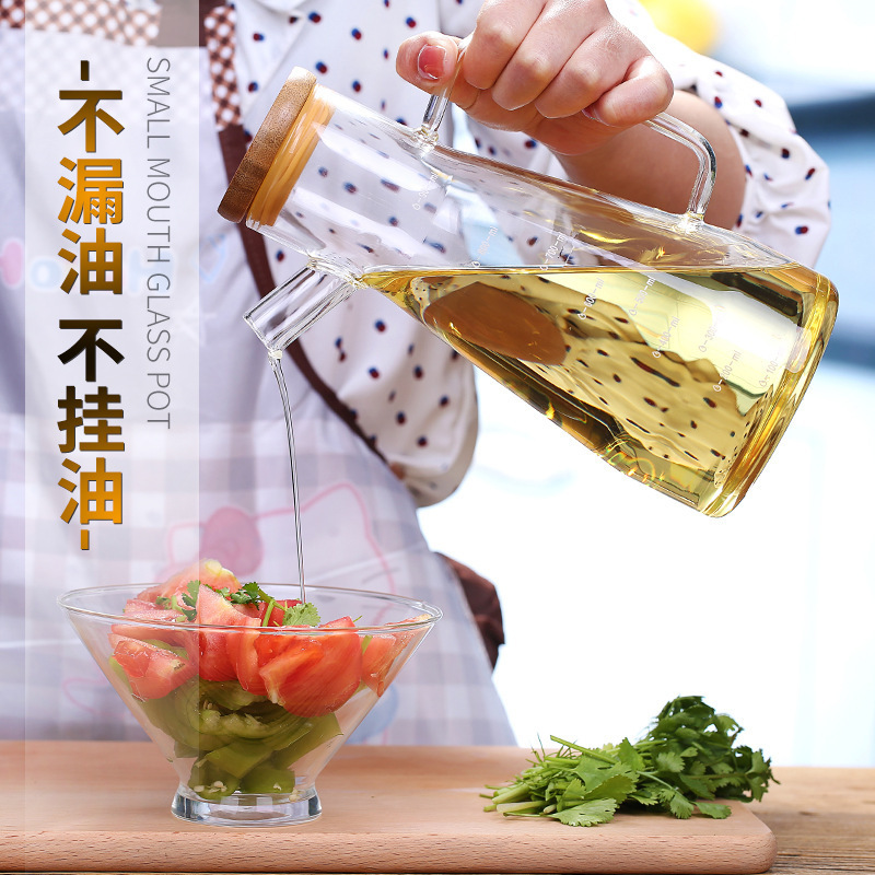 Kitchen glass oil bottle, high borosilicate with scale, condiment sauce oil bottle, handle vinegar bottle, oil storage, household condiment oil bottle Specification drawing