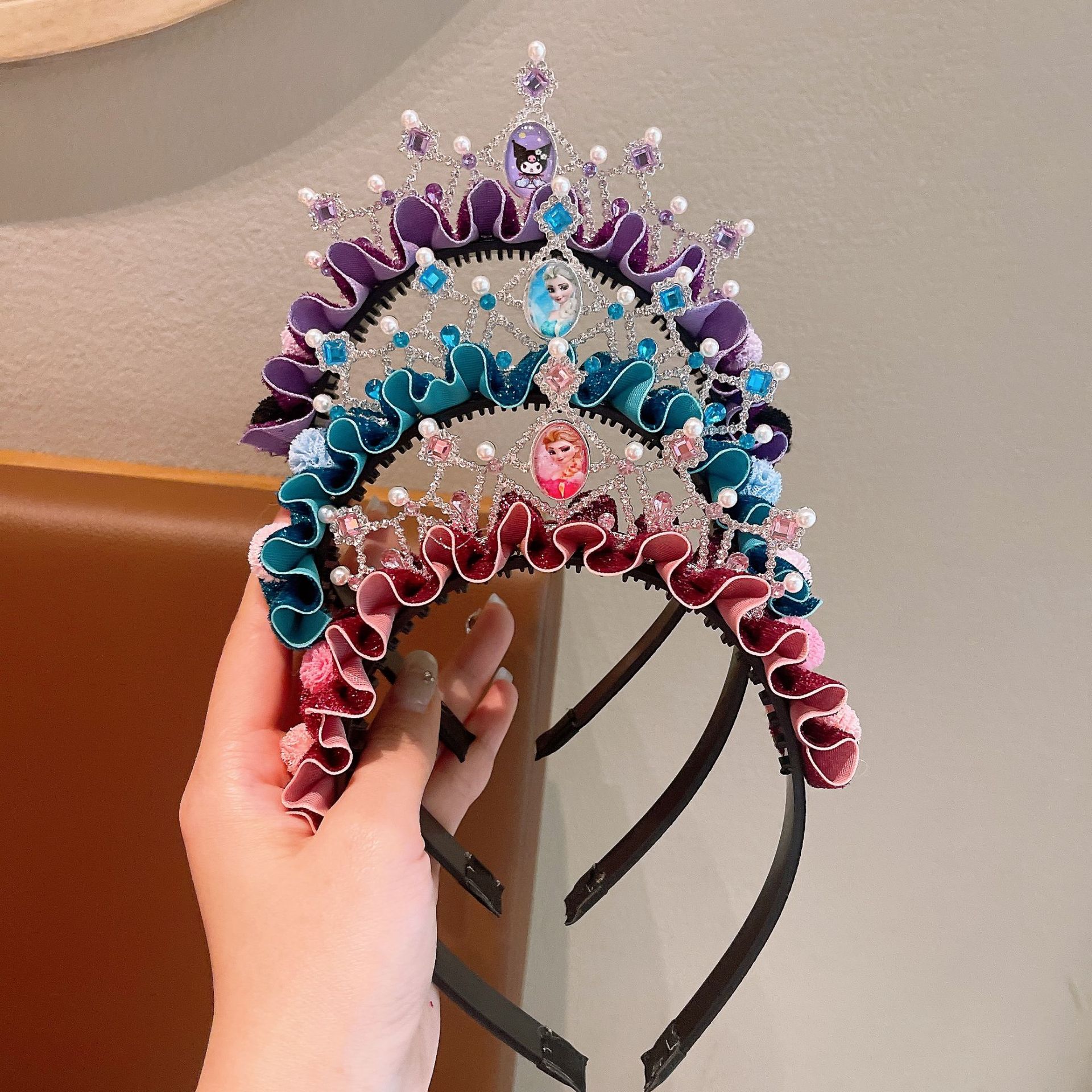 Kuromi Children's hair band Cartoon crown headwear Elsa Princess headband Purple mesh Little Girl hair accessory details Picture