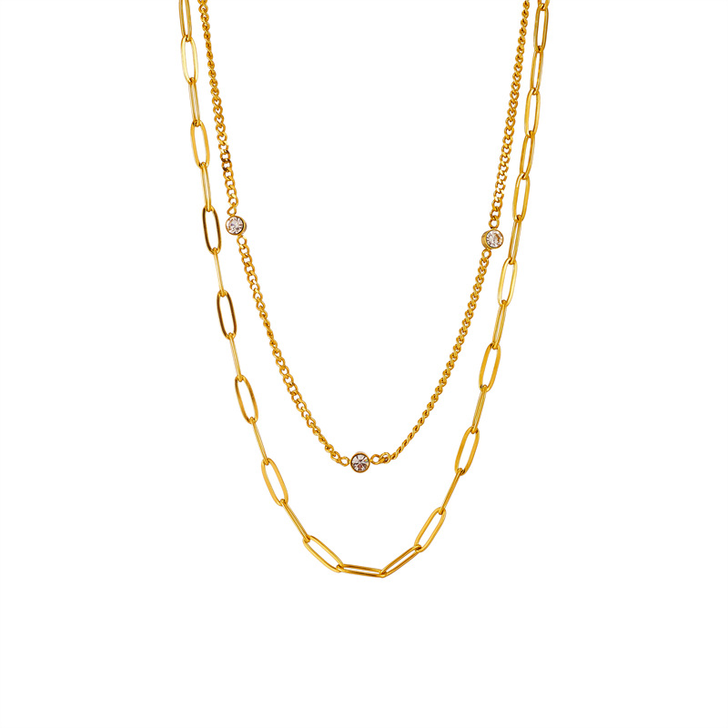 A fashionable, simple and niche double-layer diamond-encrusted chain titanium steel metal hip-hop punk trend versatile necklace Item Picture
