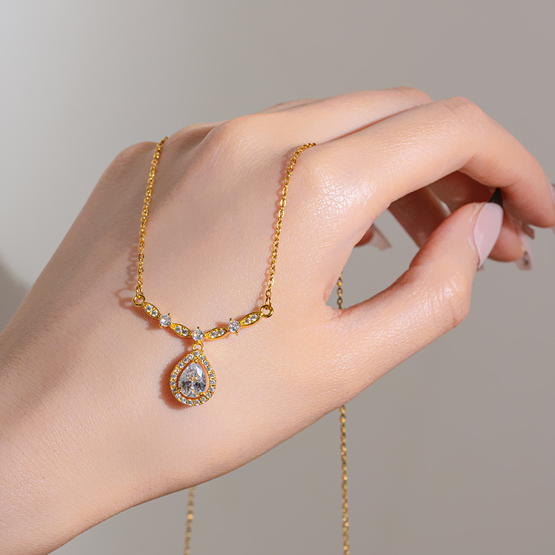 European and American fashionable pearl smile water drop necklace for women, full diamond light luxury collarbone, versatile large zircon pendant, trendy accessory Specification drawing