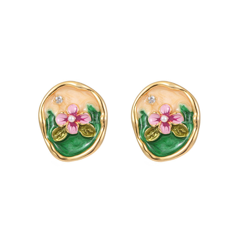Monet Garden Pearl Earrings, women's colored glazed oil painting flower stud earrings, Baroque retro style pearl earrings Item Picture