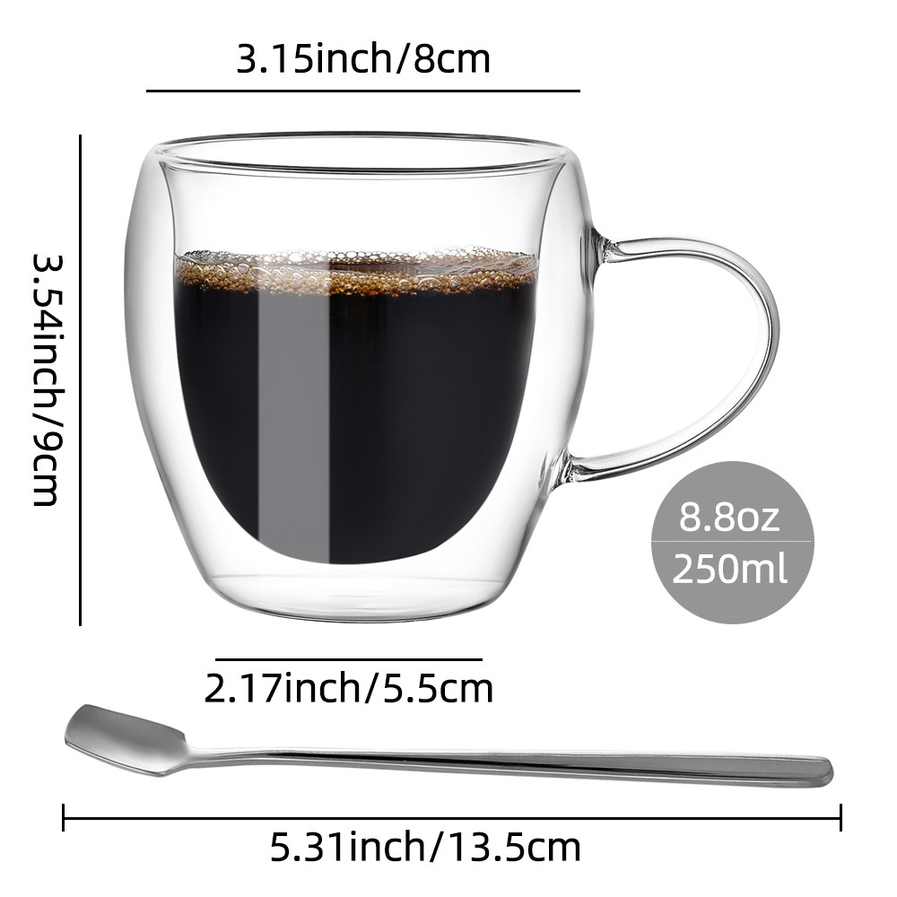 Double-layer glass coffee cup, heat-insulating American transparent glass cup with handle, office high borosilicate heat-resistant tea cup Specification drawing