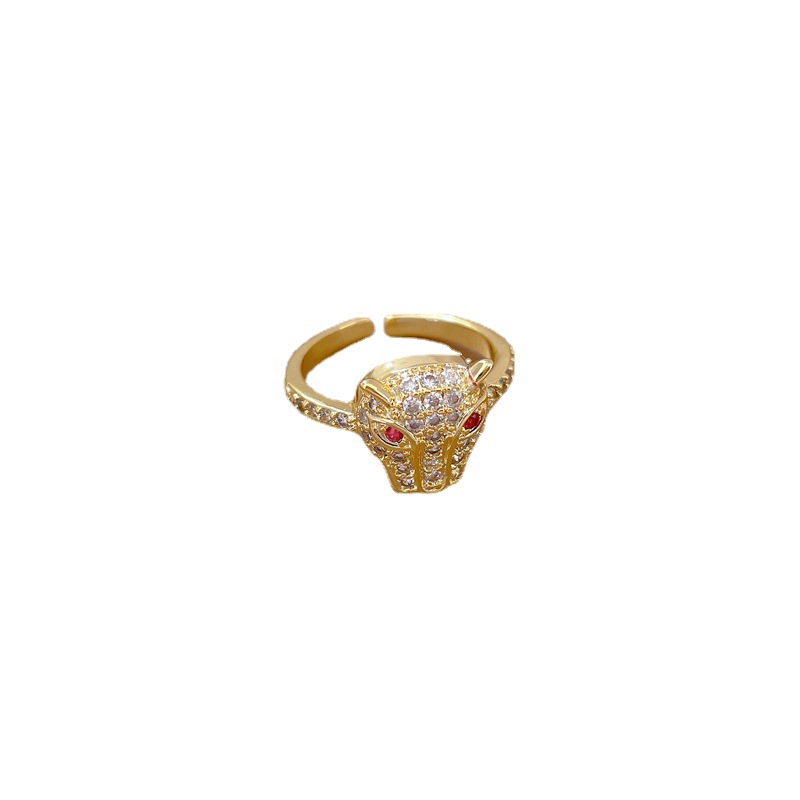 【 Real Gold 】 Full diamond leopard head zircon ring with adjustable opening, simple Japanese-style bracelet, couple rings Item Picture