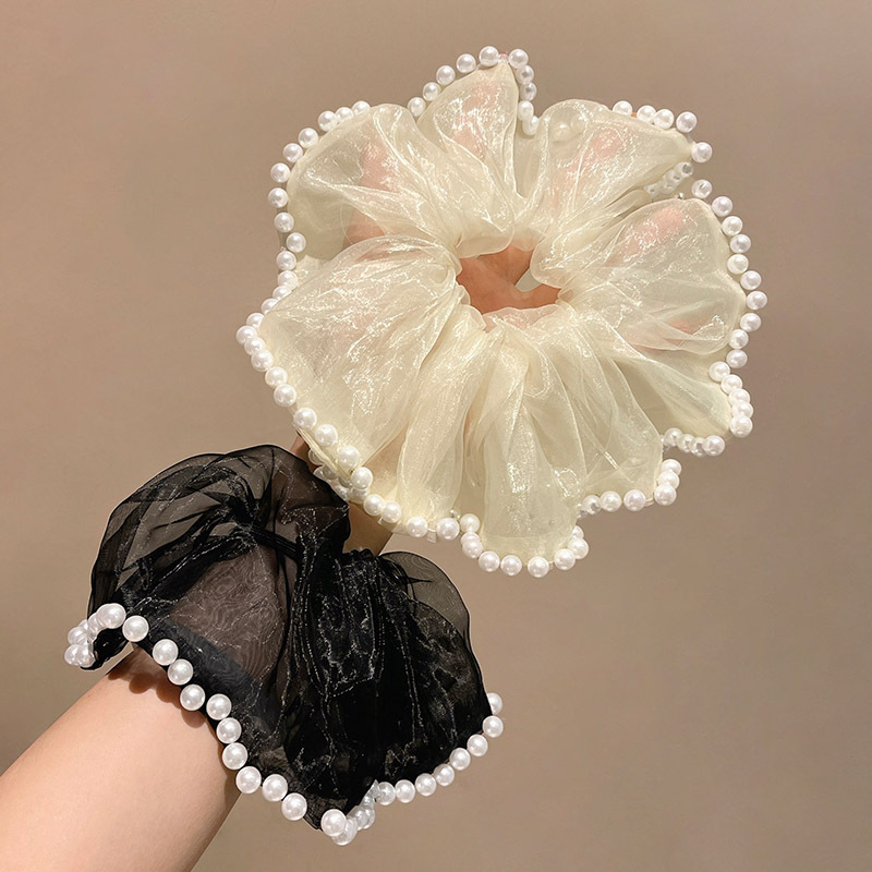French Hepburn style pearl flower hair bands, high-end mesh large intestine hair ties, adult women tied in ponytails, popular hair ties and hair accessories full figure