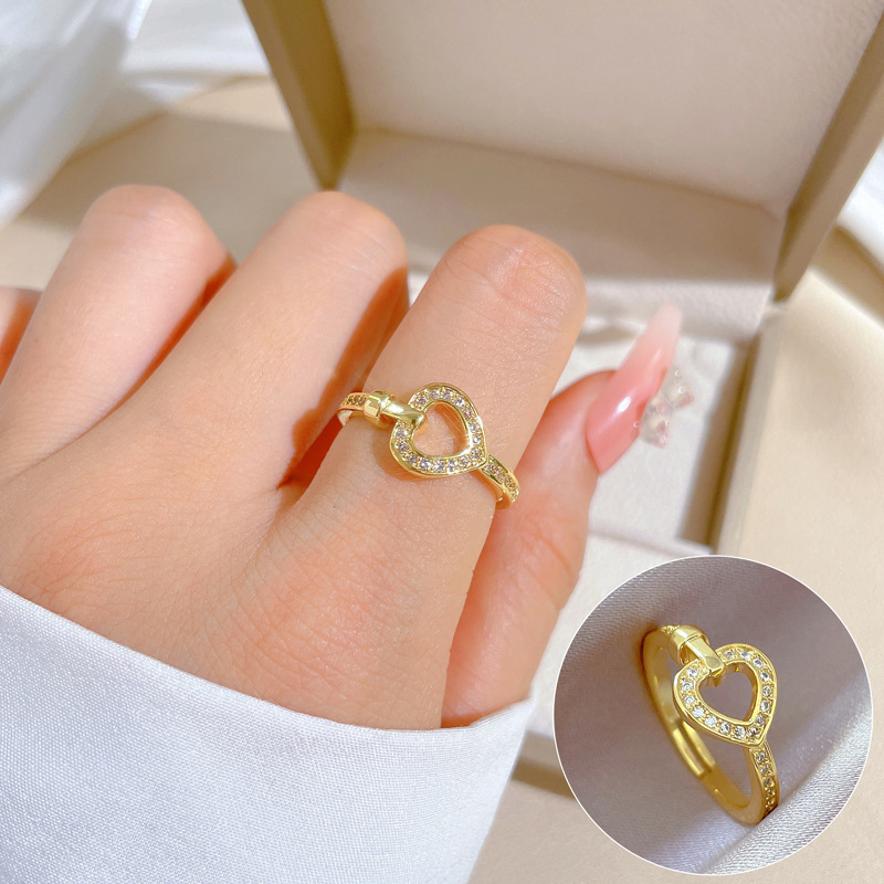 【 Real Gold 】 Light luxury heart-shaped full diamond ring with adjustable opening, simple jewelry, Japanese-style ring couple rings full figure
