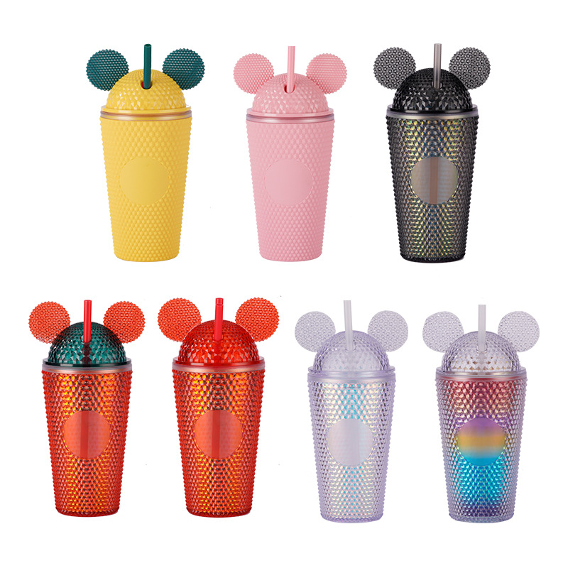 New manufacturer direct supply Amazon double-layer plastic straw cup, children's creative prickly cup, portable cat ear cap, durian full figure