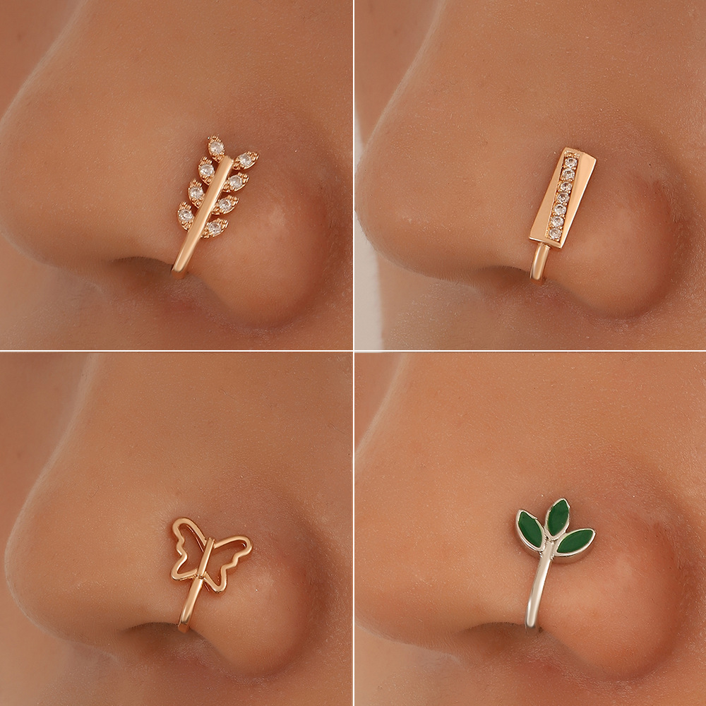Cross-border non-perforated nose clip and nose ring from Europe and America, Amazon copper-inlaid zircon U-shaped leaf butterfly nose stud piercing accessory full figure