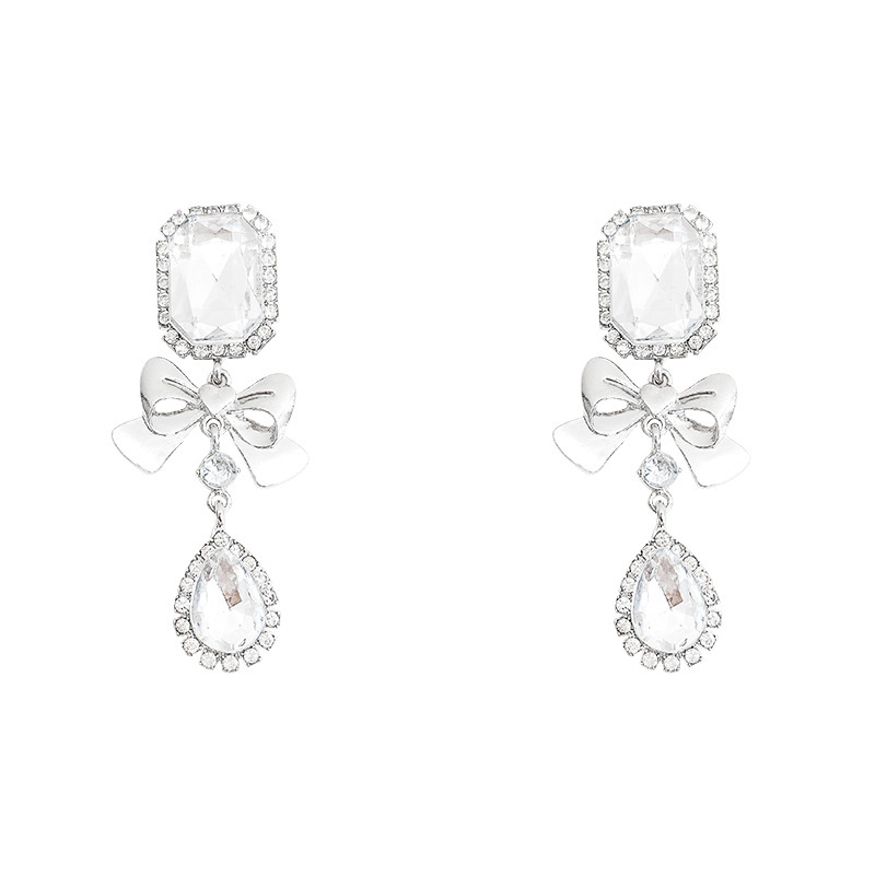 Exaggerated geometric bow-shaped rhinestone earrings, women's light luxury long exquisite stud earrings, high-end and elegant earrings and earrings Item Picture