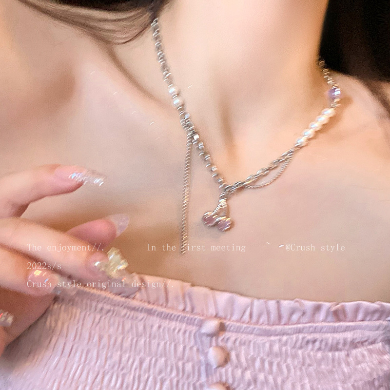 ins trendy high-end design sense spliced necklace for women, light luxury, niche and versatile, sweet and cool style pink cherry collarbone chain batch Specification drawing