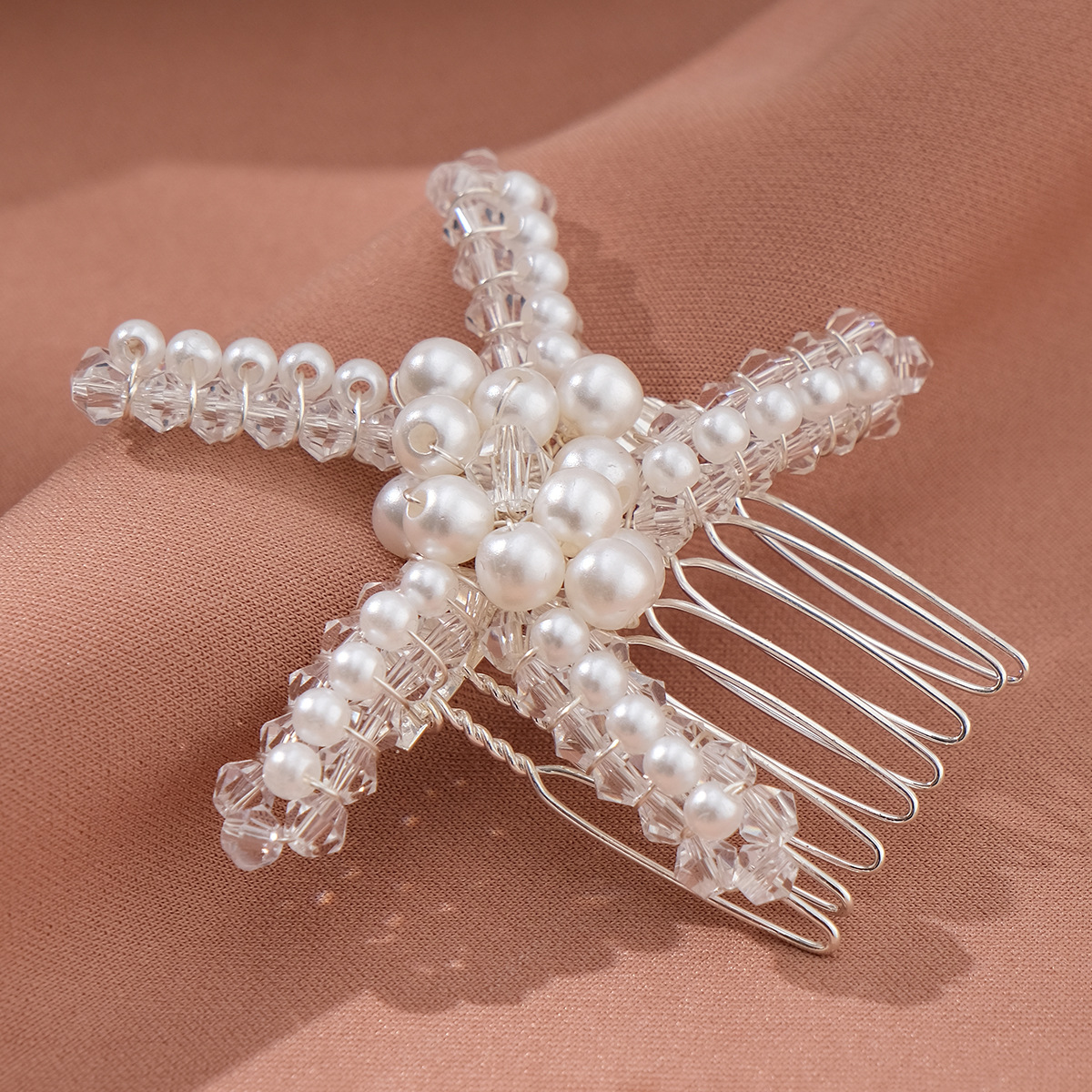 The new Korean version of the bride's headwear, starfish hair comb, ball party bun, hair pin, hair accessory, handcrafted rhinestone and pearl jewelry details Picture