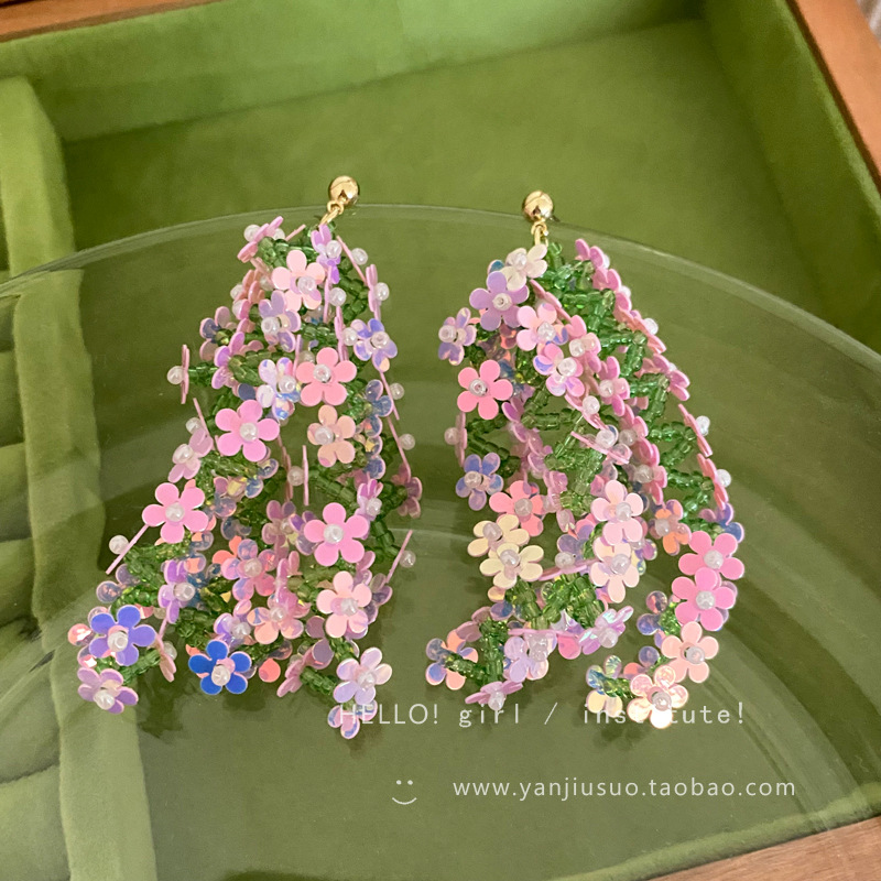 Super ethereal long tassel flower earrings, women's forest vacation style sequined floral stud earrings, wholesale of popular earrings Specification drawing