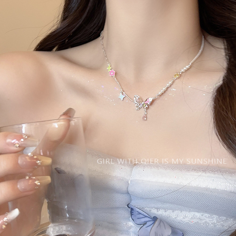 Hollowed-out pearl butterfly zircon necklace for women, dopamine temperament collarbone chain 2025 new style sweet necklace Specification drawing