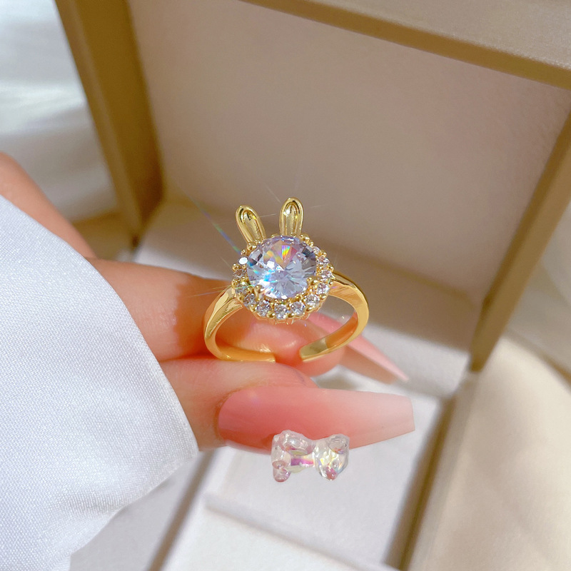 【 Real Gold 】 Rabbit Super Flash Zircon Ring with Adjustable opening, simple jewelry, Japanese-style ring couple rings details Picture